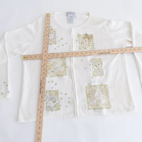 Vintage  Tiara Cream Ugly Christmas Beaded Reindeer Zip Up Cardigan Sweater XL - Picture 4 of 16